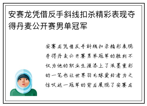 安赛龙凭借反手斜线扣杀精彩表现夺得丹麦公开赛男单冠军