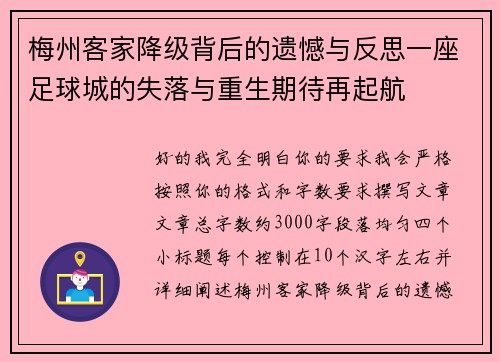 梅州客家降级背后的遗憾与反思一座足球城的失落与重生期待再起航