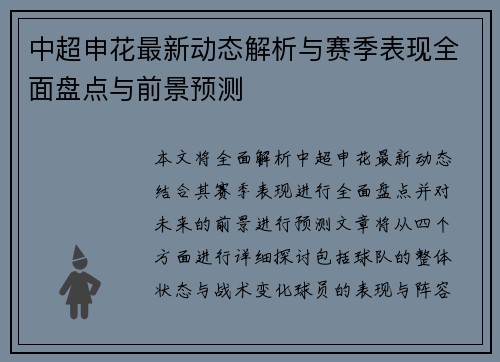 中超申花最新动态解析与赛季表现全面盘点与前景预测