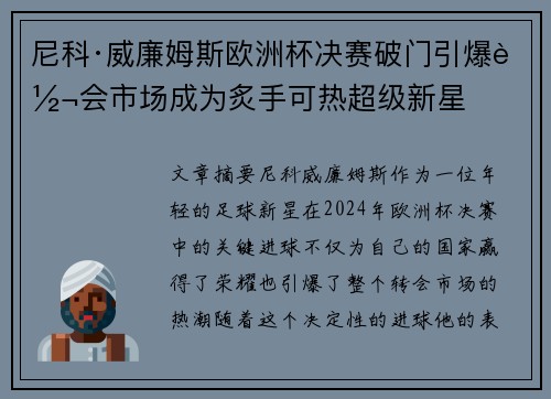 尼科·威廉姆斯欧洲杯决赛破门引爆转会市场成为炙手可热超级新星