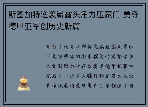 斯图加特逆袭崭露头角力压豪门 勇夺德甲亚军创历史新篇